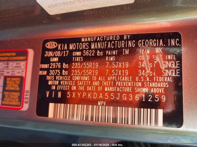 5XYPKDA55JG361259 KIA Sorento 3.3l Sxl