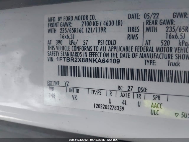Ford Transit-250 2022 1FTBR2X88NKA64109 Image 9