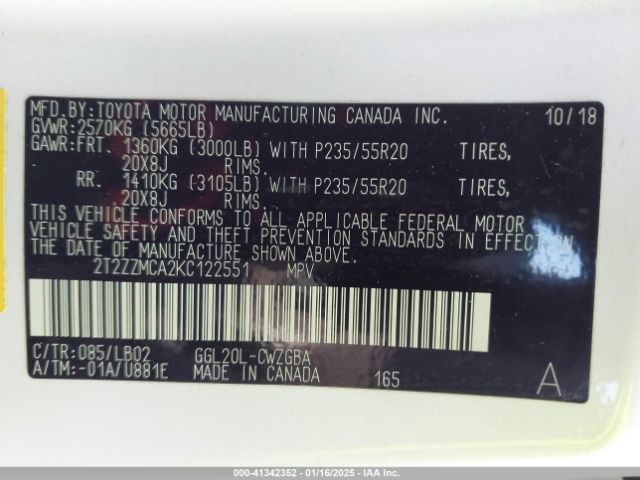 2T2ZZMCA2KC122551 Lexus RX 350
