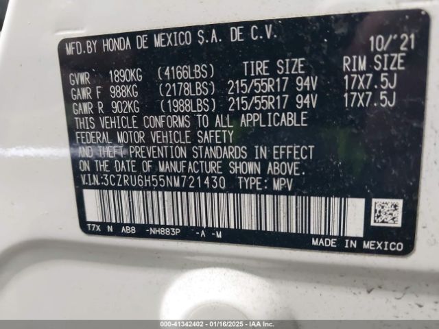 3CZRU6H55NM721430 Honda Hr-v Awd Ex