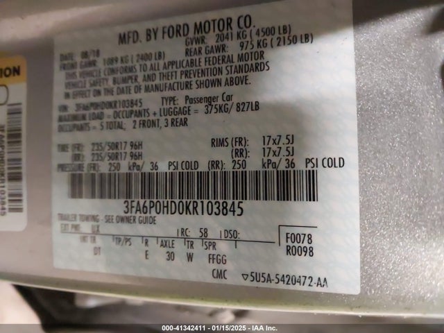 Ford FUSION SE 2019 3FA6P0HD0KR103845 Image 9