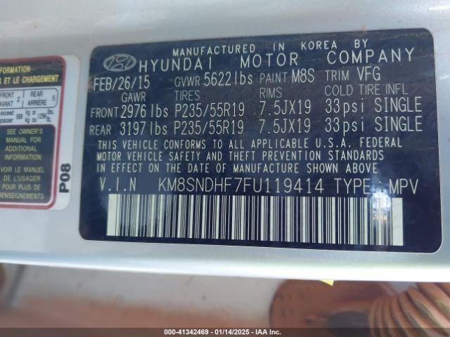 KM8SNDHF7FU119414 Hyundai Santa Fe Gls