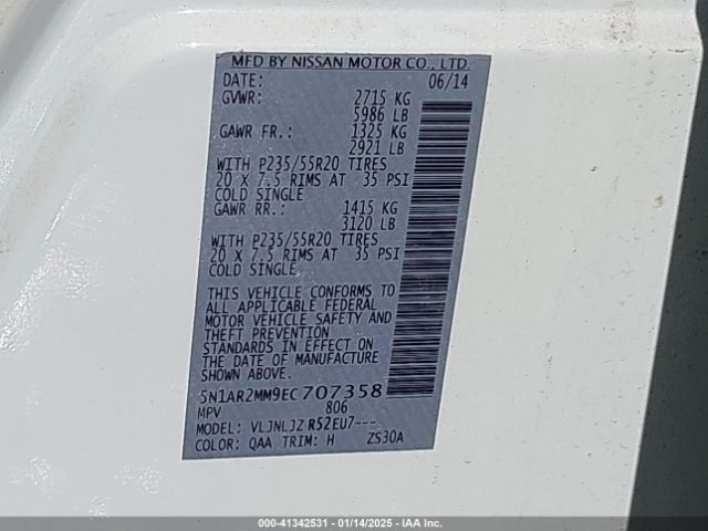 5N1AR2MM9EC707358 Nissan Pathfinder Platinum/s/sl/sv