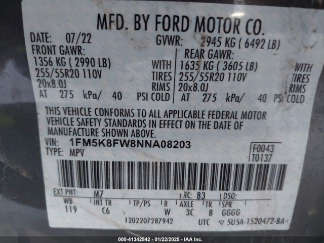 1FM5K8FW8NNA08203 Ford Explorer Limited