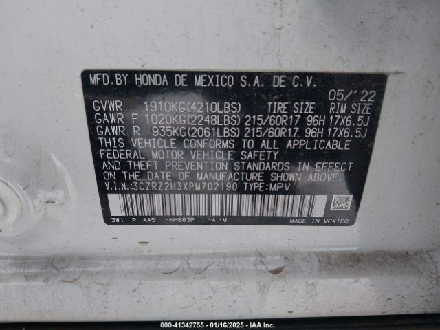 3CZRZ2H3XPM702190 Honda Hr-v Awd Lx