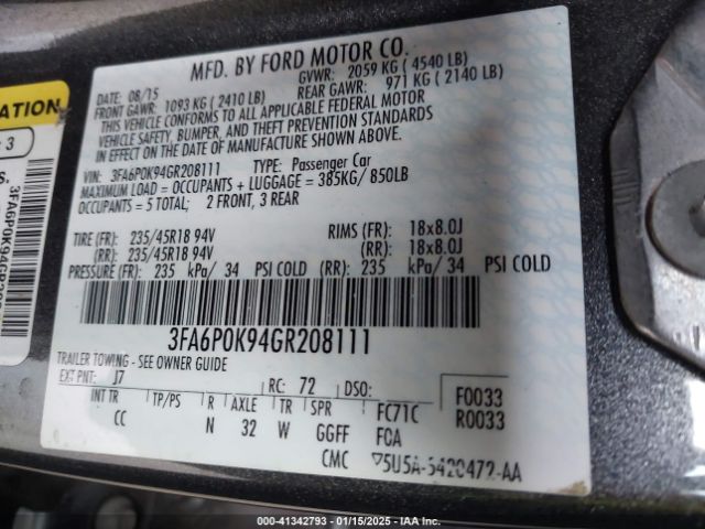 3FA6P0K94GR208111 Ford Fusion Titanium