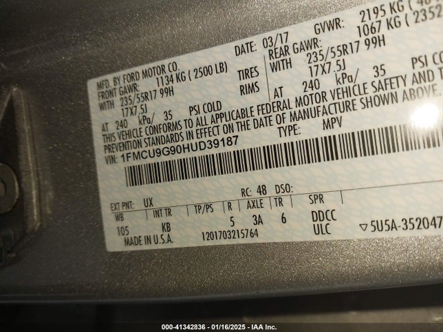 Ford ESCAPE SE 2017 1FMCU9G90HUD39187 Image 9