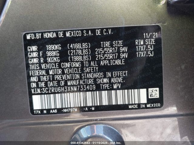 3CZRU6H3XNM733409 Honda Hr-v Awd Lx