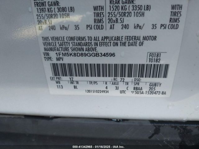 1FM5K8D89GGB34596 Ford EXPLORER XLT