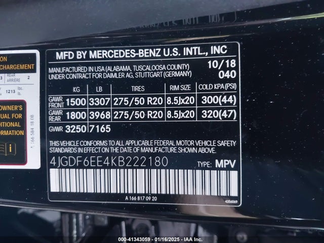 4JGDF6EE4KB222180 Mercedes-Benz Gls 450 4matic