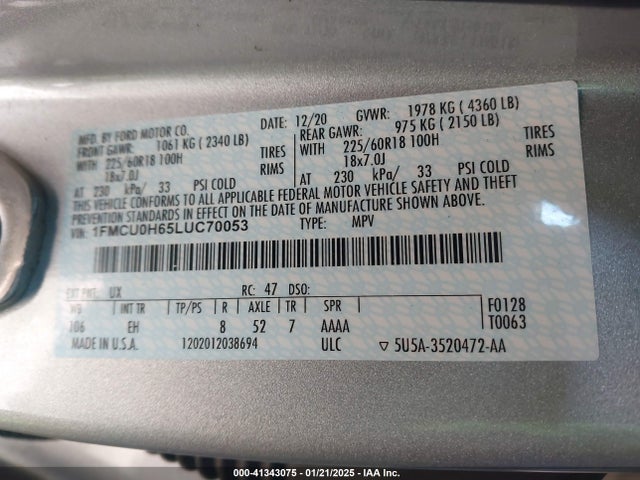 Ford ESCAPE SEL 2020 1FMCU0H65LUC70053 Image 9