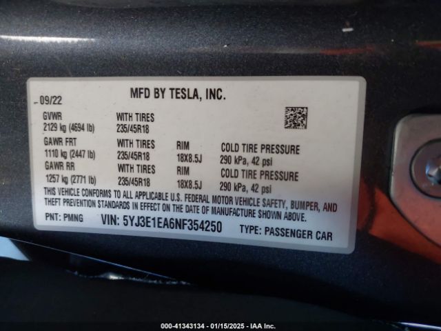 2022 TESLA MODEL 3 5YJ3E1EA6NF354250 Photo 8