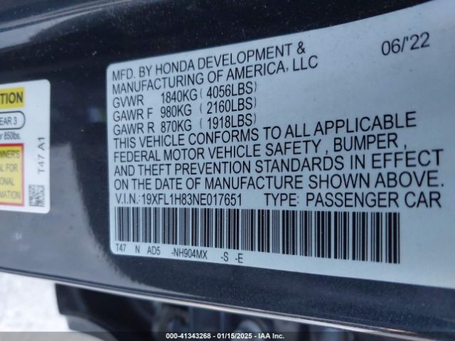 19XFL1H83NE017651 Honda Civic Sport Touring