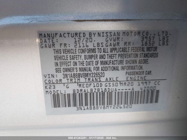 3N1AB8BV8MY226520 Nissan Sentra S Xtronic Cvt