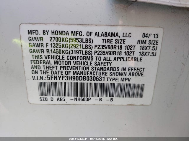 Продаж на аукціоні авто 2013 Honda Pilot Touring, vin: 5FNYF3H90DB030631, номер лоту: 41343341