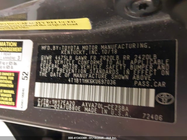 4T1B11HK6KU697036 Toyota CAMRY SE