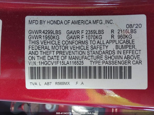 1HGCV1F15LA116525 Honda ACCORD LX