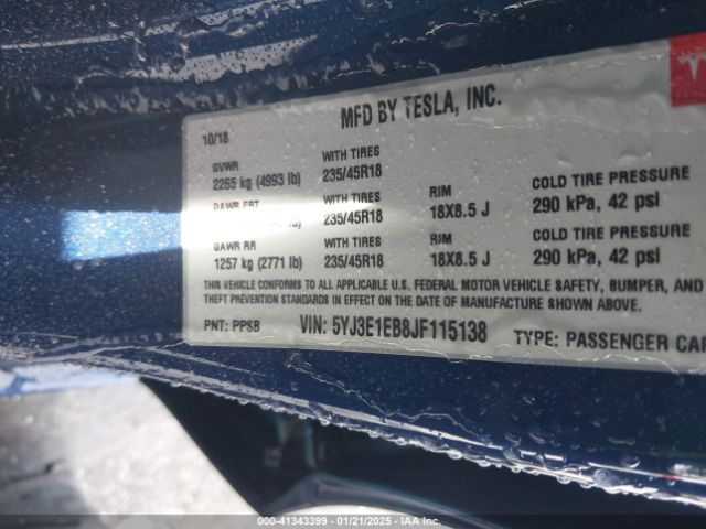 5YJ3E1EB8JF115138 Tesla Model 3 Long Range/performance