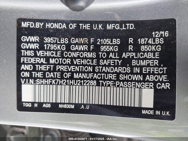 SHHFK7H21HU212288 Honda Civic Lx