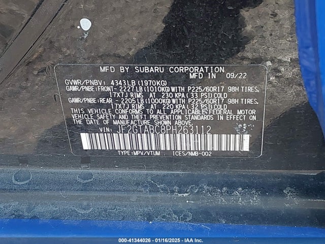 2023 Subaru Crosstrek მანქანა იყიდება აუქციონზე, vin: JF2GTABC8PH263112, აუქციონის ნომერი: 41344026