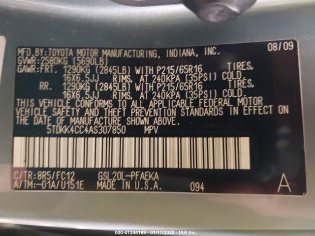 Aukcja sprzedaży 2010 Toyota Sienna Le, vin: 5TDKK4CC4AS307850, numer aukcji: 41344169