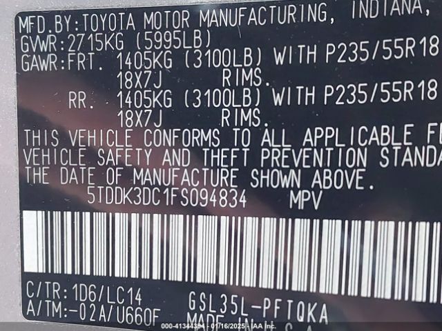 5TDDK3DC1FS094834 Toyota Sienna Xle/limited