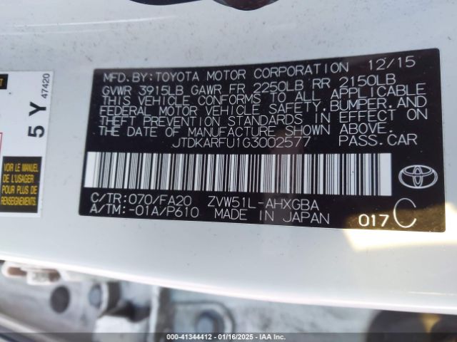 JTDKARFU1G3002577 Toyota Prius Three