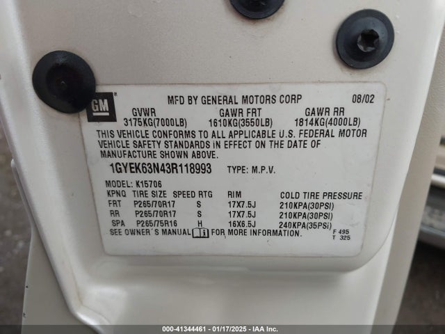 2003 CADILLAC ESCALADE 1GYEK63N43R118993 Photo 8