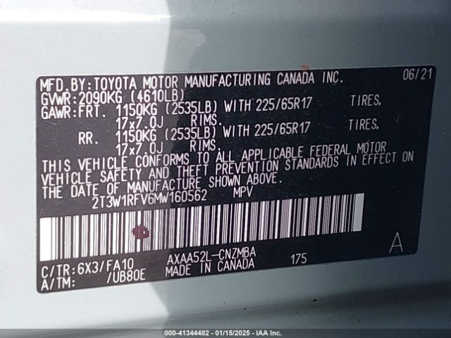 2T3W1RFV6MW160562 Toyota Rav4 Xle