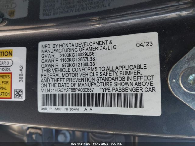 1HGCY2F88PA030867 Honda Accord Hybrid Touring