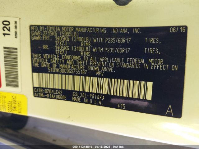 5TDYK3DC9GS755187 Toyota Sienna Xle/limited