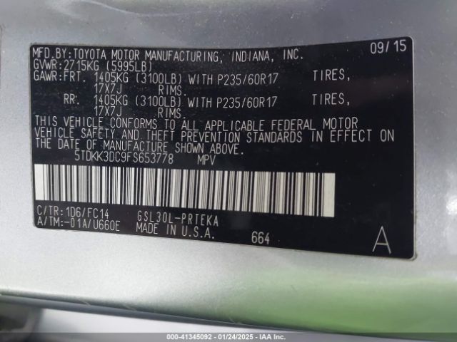 5TDKK3DC9FS653778 Toyota Sienna Le 8 Passenger
