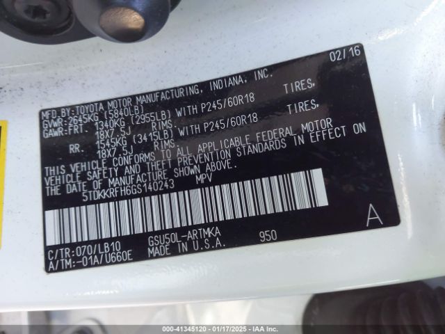 5TDKKRFH6GS140243 Toyota Highlander Xle V6