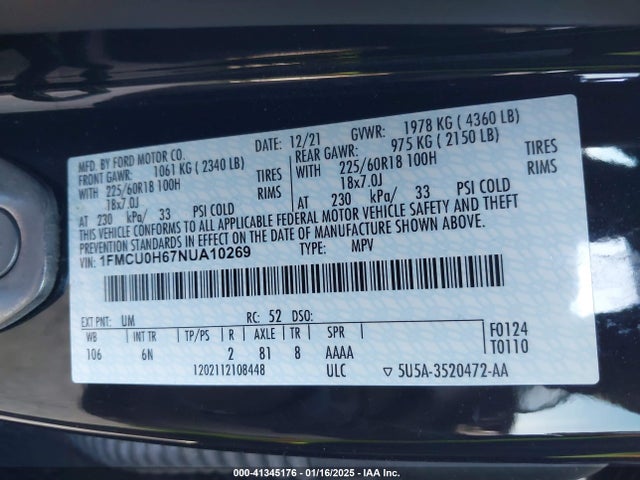 1FMCU0H67NUA10269 Ford ESCAPE SEL