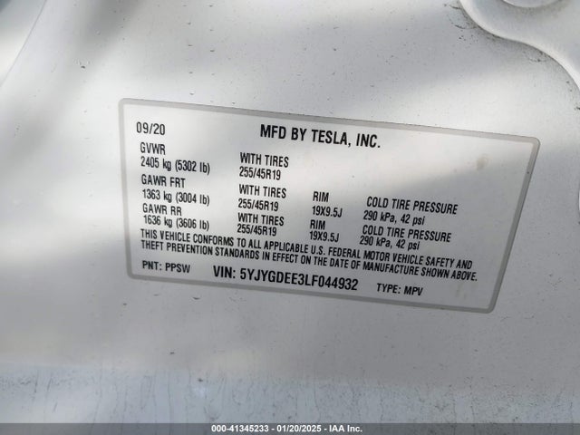 2020 TESLA MODEL Y 5YJYGDEE3LF044932 Photo 8