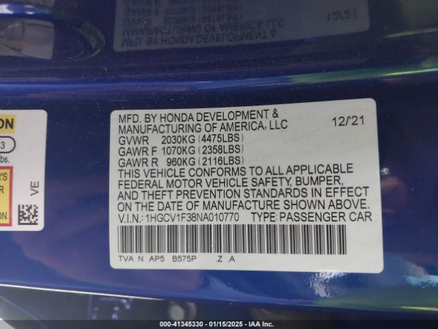 1HGCV1F38NA010770 Honda Accord Sport
