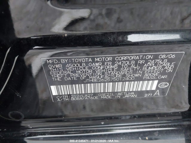Aukcja sprzedaży 2007 Lexus Is 350, vin: JTHBE262575012400, numer aukcji: 41345471