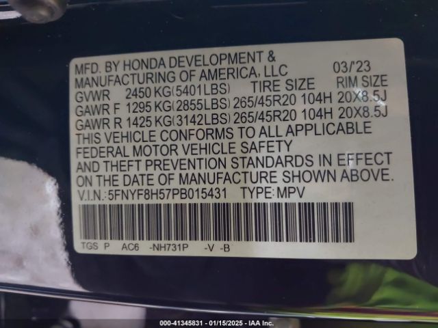 5FNYF8H57PB015431 Honda Passport Awd Ex-l