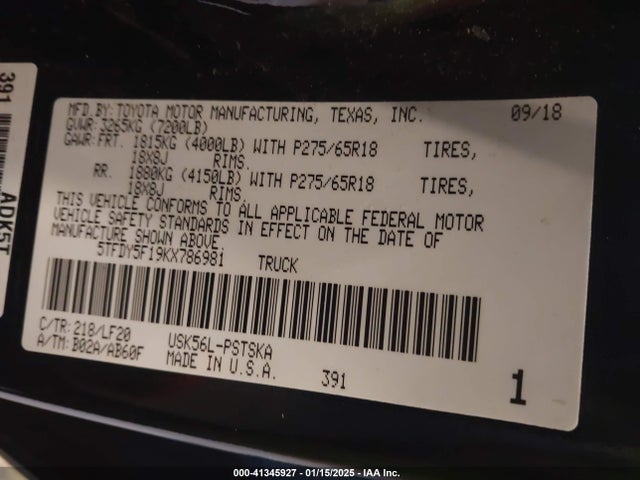 5TFDY5F19KX786981 Toyota Tundra Trd Pro 5.7l V8