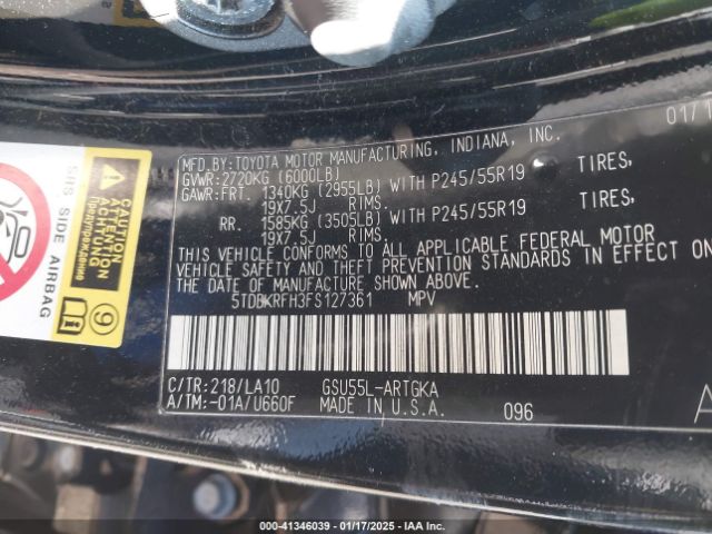 5TDDKRFH3FS127361 Toyota Highlander Limited Platinum V6