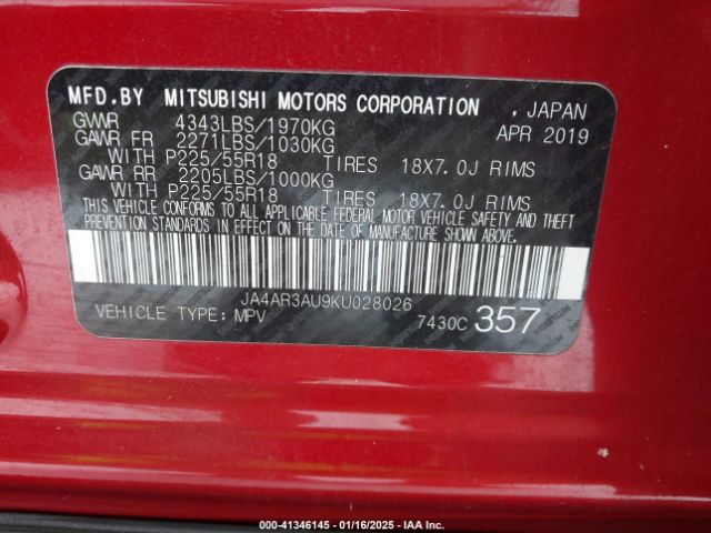 2019 MITSUBISHI OUTLANDER SPORT JA4AR3AU9KU028026 Photo 8