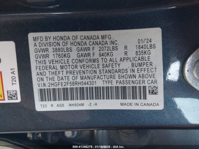 2HGFE2F58RH544301 Honda Civic Sport
