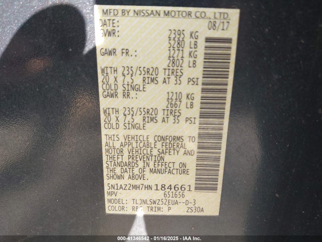 41346542 :رقم المزاد ، 5N1AZ2MH7HN184661 vin ، 2017 Nissan Murano Platinum مزاد بيع