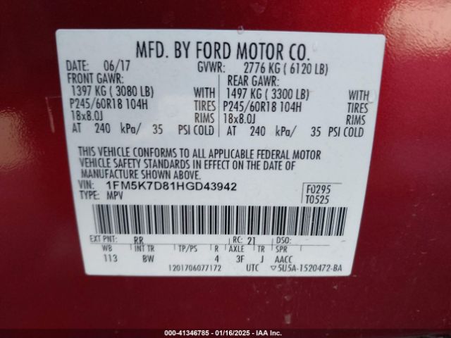 1FM5K7D81HGD43942 Ford EXPLORER XLT