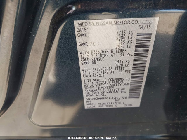 5N1AR2MM9FC668756 Nissan Pathfinder S