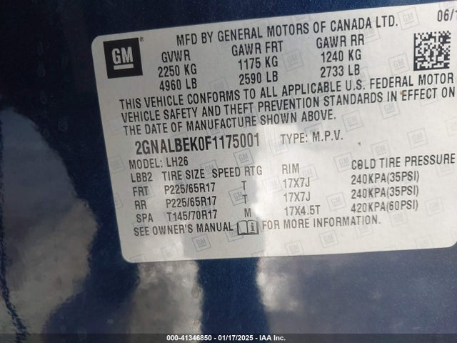Chevrolet EQUINOX 1LT 2015 2GNALBEK0F1175001 Image 9