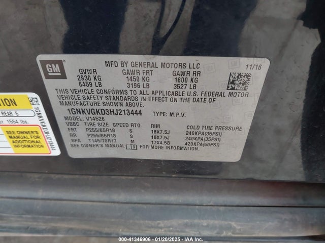 1GNKVGKD3HJ213444 Chevrolet Traverse 1lt