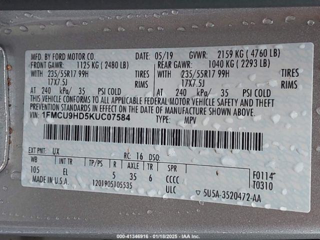 1FMCU9HD5KUC07584 Ford ESCAPE SEL