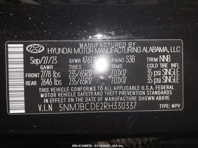 5NMJBCDE2RH330337 Hyundai TUCSON SEL