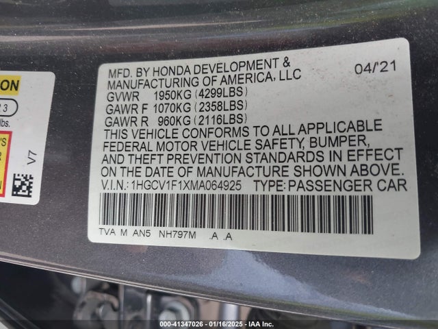 1HGCV1F1XMA064925 Honda ACCORD LX